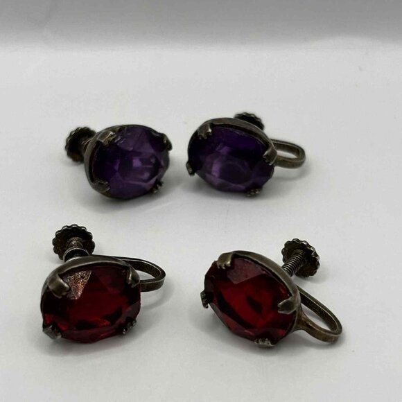 Vintage Earrings - Screw on back - Set of Two - Amethyst and Red - Picture 2 of 3